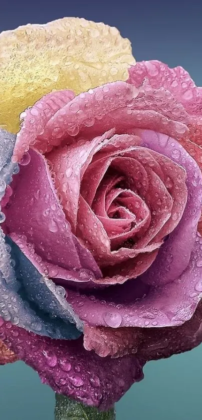 Vibrant rose with dew drops in pink, purple, blue, and yellow hues.