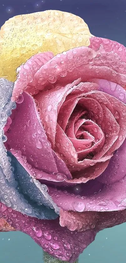 Colorful rose with dewdrops mobile wallpaper in pink and purple hues.