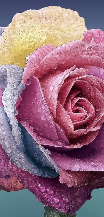 Colorful rose with dew drops on petals, vibrant mobile wallpaper.