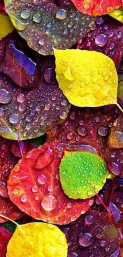 Colorful dewy autumn leaves mobile wallpaper filled with vibrant colors.