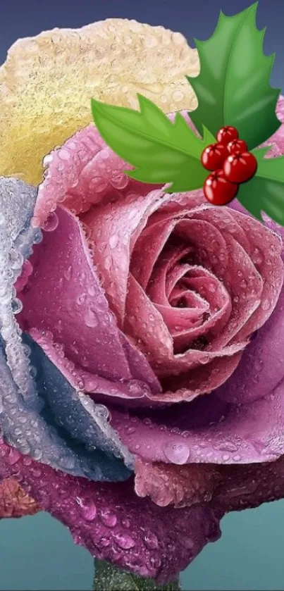 Colorful dewy rose with festive holly decoration.