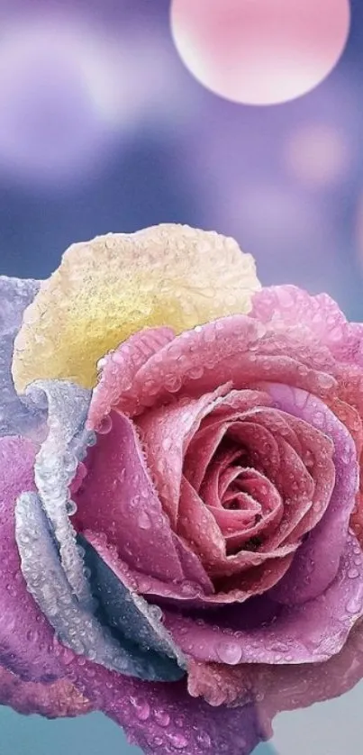 Dew-covered vibrant multi-colored rose on a blurred background.