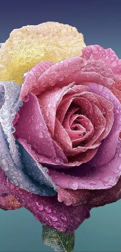 Colorful dewy rose with pink, purple, and yellow petals.