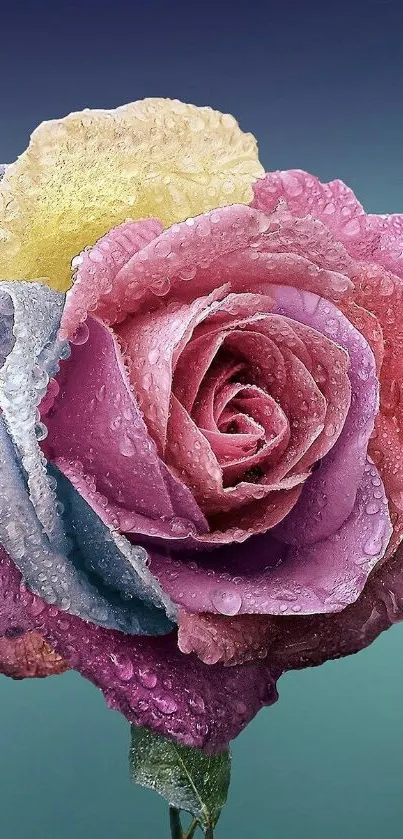 A vibrant dewy rose with pink, purple, and yellow petals.