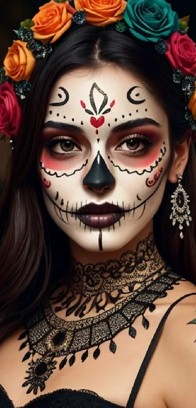 Vibrant Dia de los Muertos face paint with floral crown and rich colors.