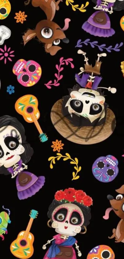 Dia de los Muertos themed wallpaper with colorful skulls and festive motifs.