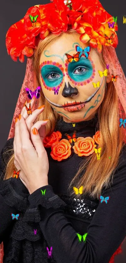 Dia de los Muertos painted face with butterflies.