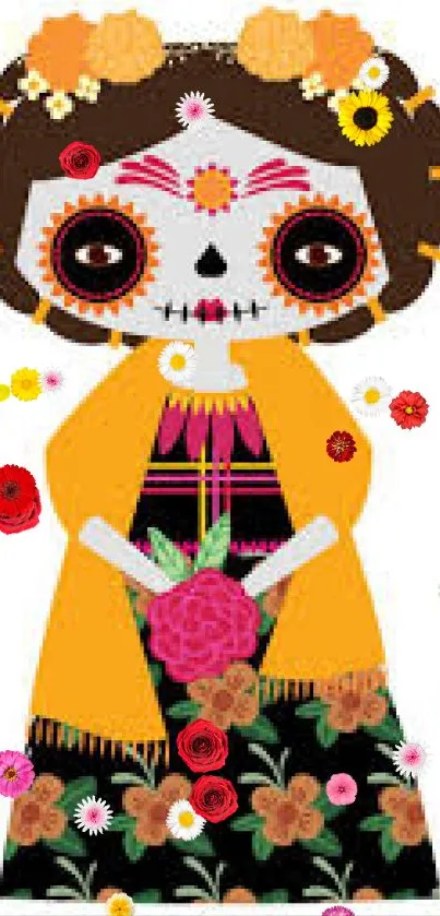 Colorful Dia de Muertos wallpaper with a stylized skeleton.