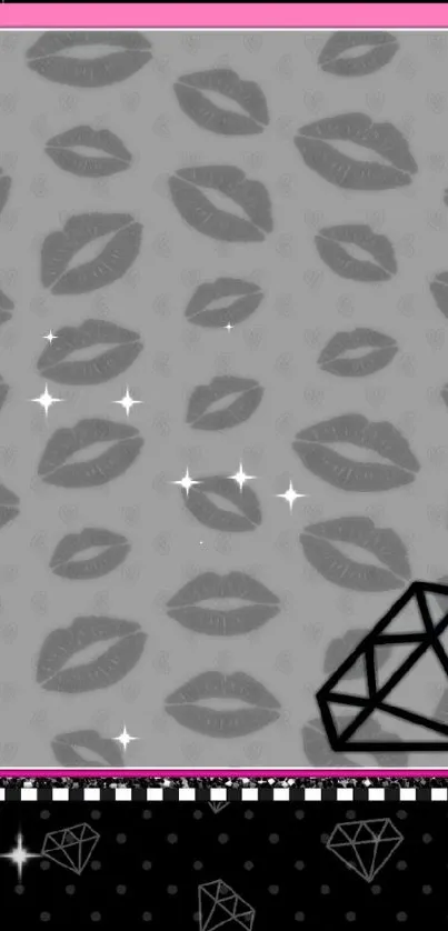 Colorful wallpaper with gray lips and black diamond design.