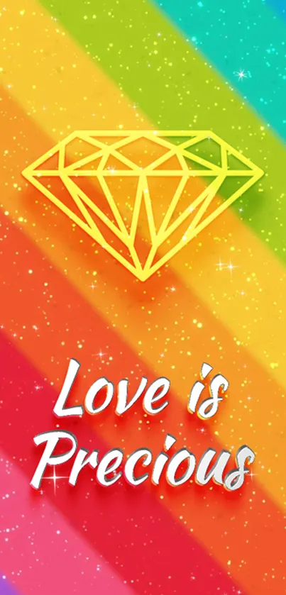 Mobile wallpaper with a rainbow gradient and geometric diamond design.