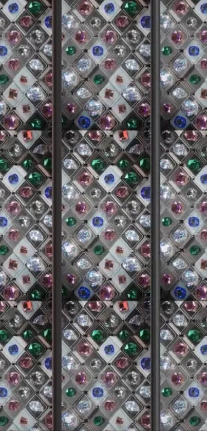 Colorful diamond pattern wallpaper with glass tiles.