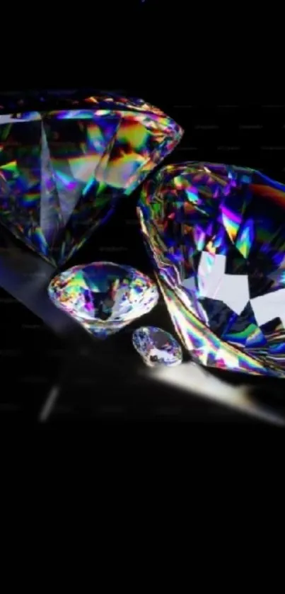 Colorful diamond reflections on a black background with light play.