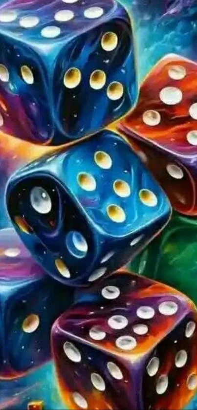 Colorful artistic dice on a cosmic background wallpaper.