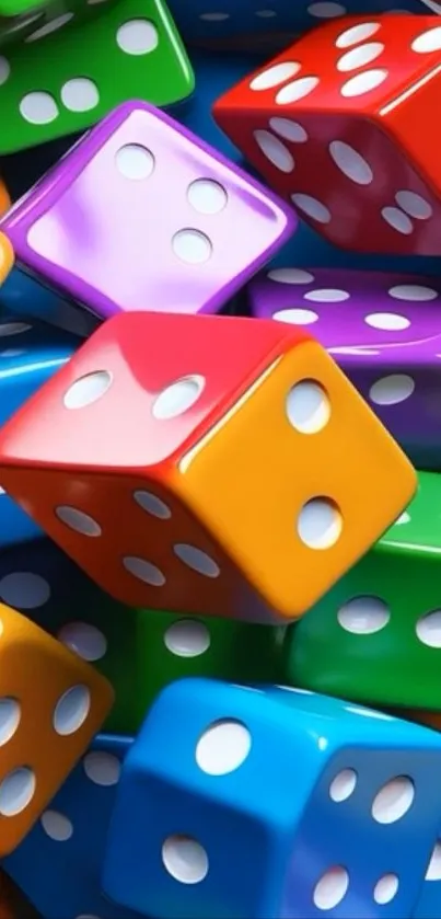 Pile of colorful dice forming a vibrant pattern.