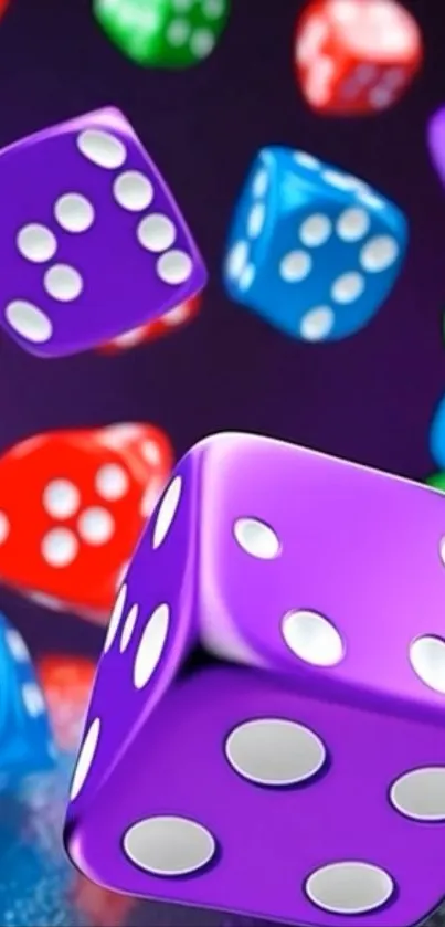 Vibrant wallpaper featuring floating colorful dice.