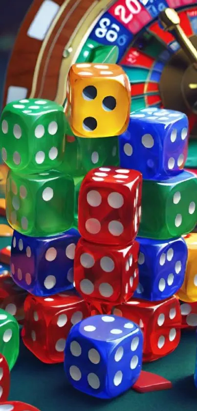 Colorful dice stacked with a roulette wheel in the background.