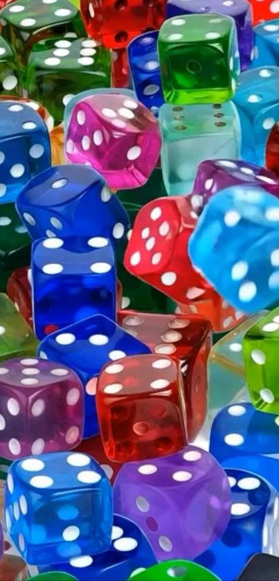 Colorful transparent dice stacked in a vibrant pattern.