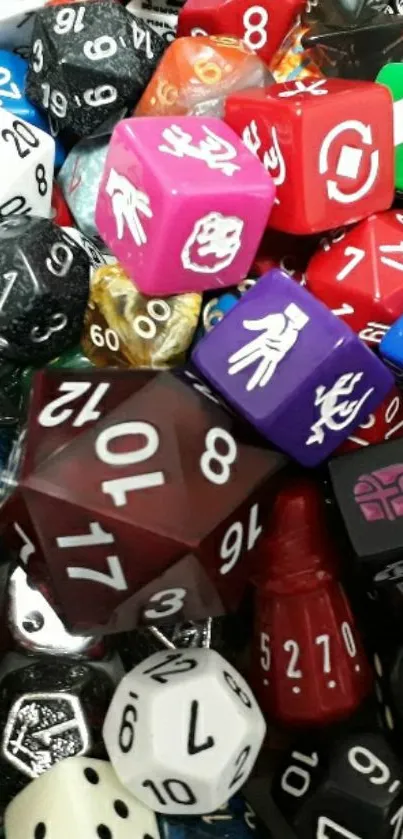 A vibrant collection of colorful gaming dice scattered randomly.