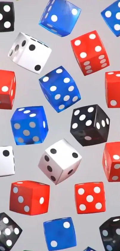 Colorful dice scattered on a gray background.