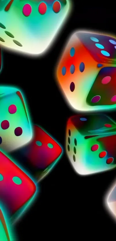 Colorful glowing dice on black background.