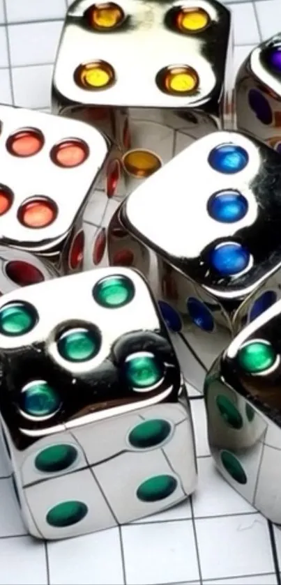 Colorful metallic dice on a white grid background.