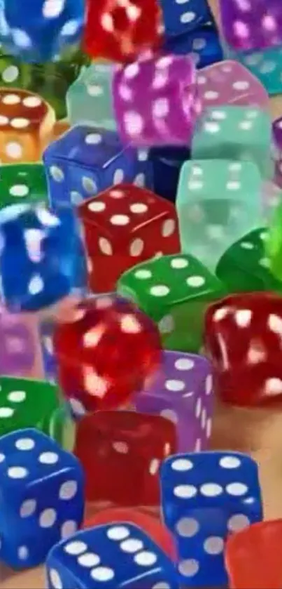 Colorful dice in various hues stacked and scattered.