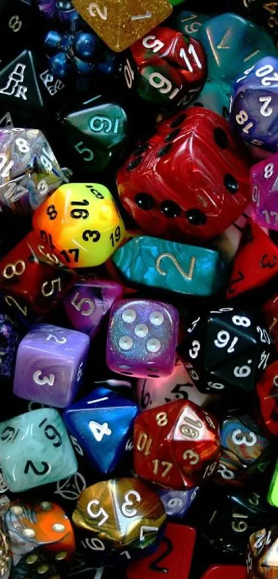Colorful assortment of tabletop gaming dice in various shapes and numbers.