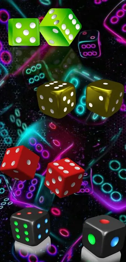 Colorful dice scattered on a neon-themed background.