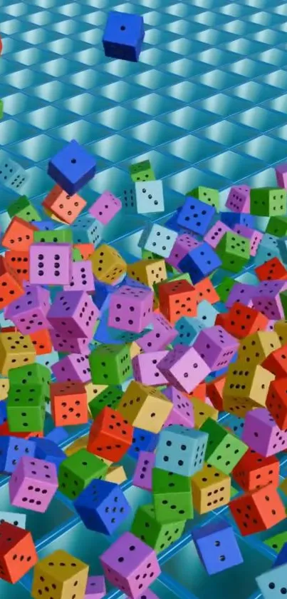 Colorful 3D dice scattered over geometric pattern.