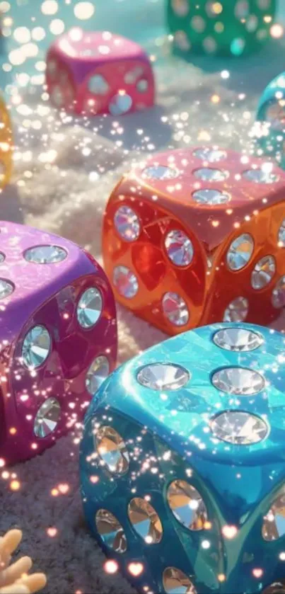 Vibrant colorful dice with sparkles shining.