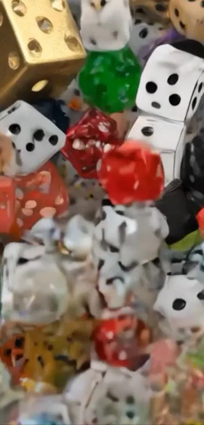 Assorted colorful dice in various designs and colors.