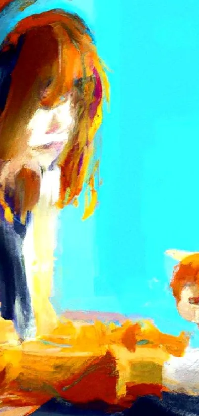 Colorful digital art of a person and cat on a background of vibrant hues.