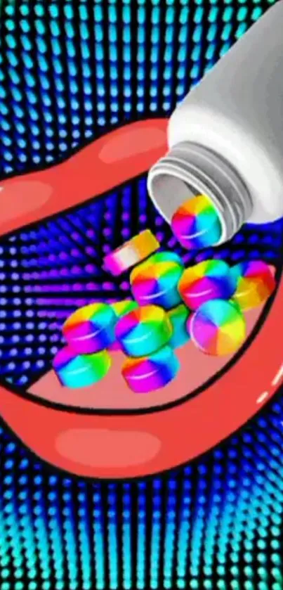 Colorful digital art wallpaper with vivid pills and lips.