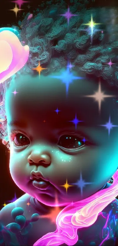 Vibrant neon digital baby artwork with surreal design elements.