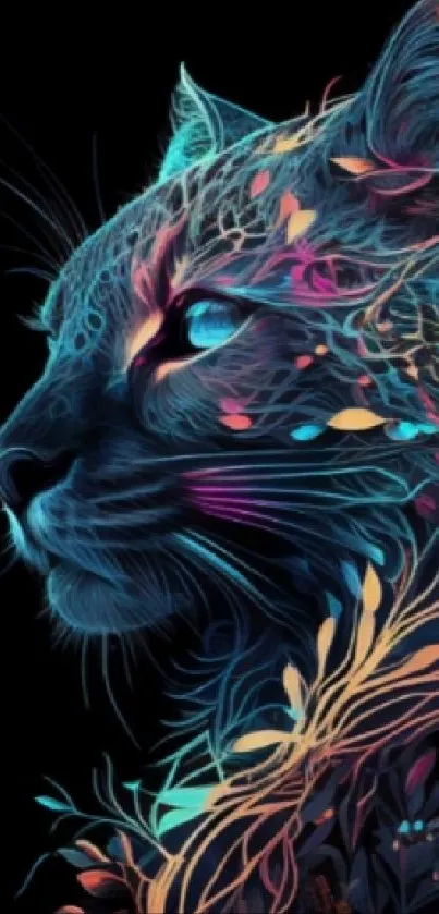 Colorful digital panther illustration on black background.