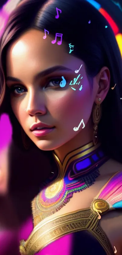 Vibrant digital portrait with colorful neon elements for phone wallpaper.