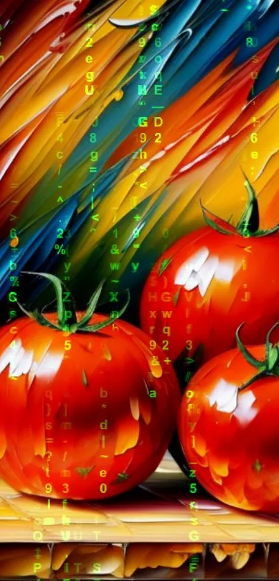 Vibrant digital art with red tomatoes on an abstract colorful background.