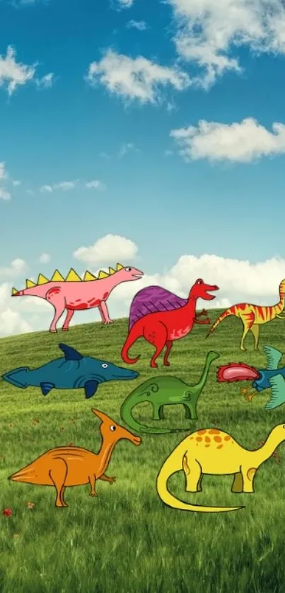 Cartoon dinosaurs roam on a green hill under a bright blue sky.