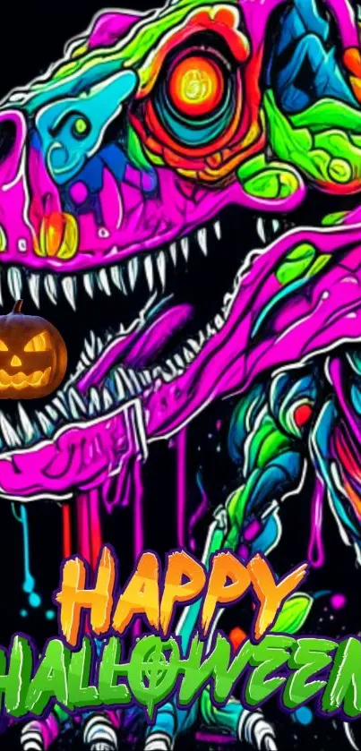 Neon dinosaur with Halloween pumpkin decoration.