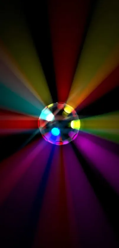 Colorful light rays from a disco ball on black background.