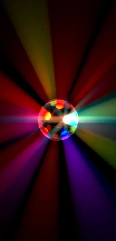 Colorful disco ball with dynamic light rays on a black background.