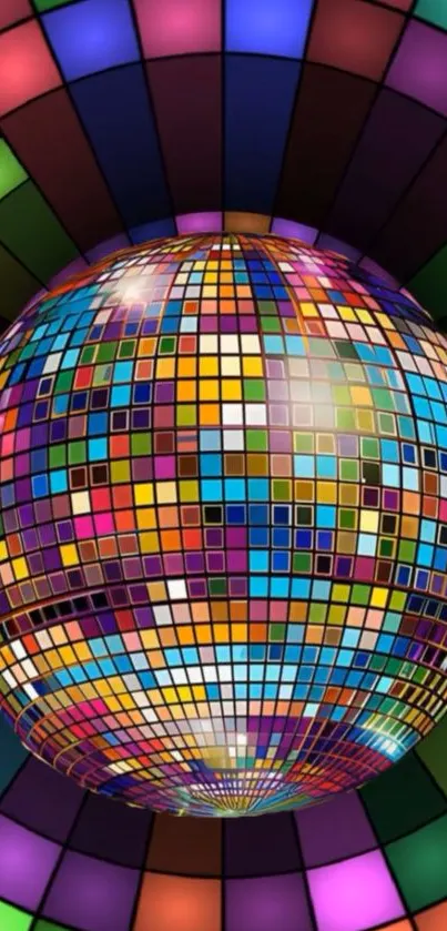 Colorful disco ball with geometric pattern in vibrant colors.