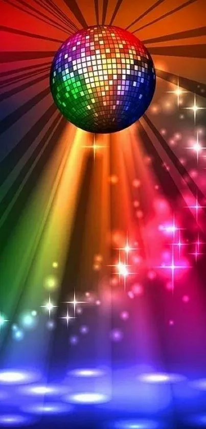 Vibrant disco ball with colorful beams and sparkles.