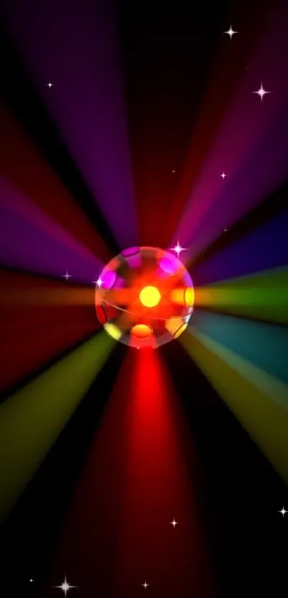 Colorful disco ball with multicolored beams on a dark starry background.