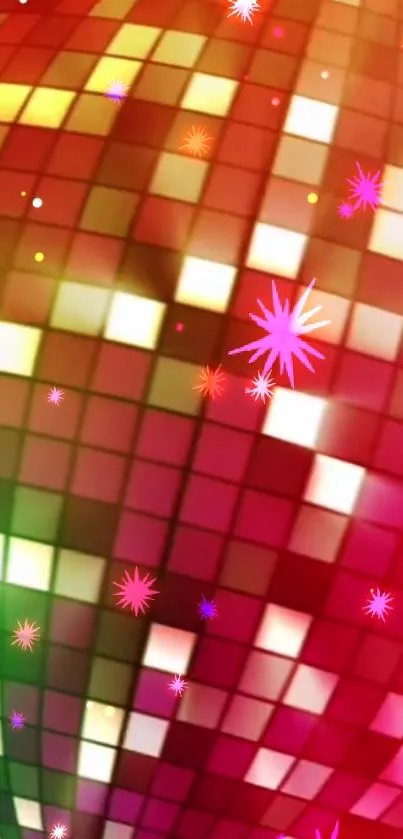 Colorful disco ball wallpaper with vibrant tiles and stars.