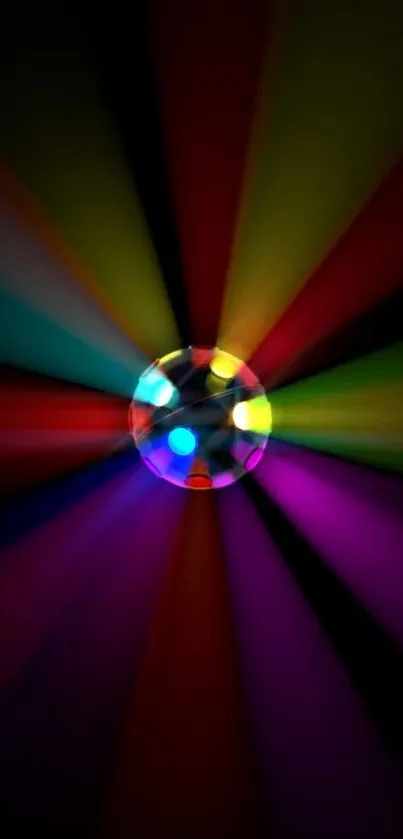 Disco ball with colorful lights streaming outward.