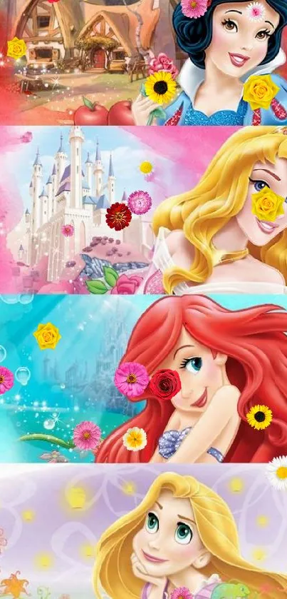 Disney princess collage with vibrant backgrounds.