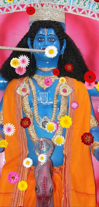 Vibrant blue deity with orange attire on pink background.