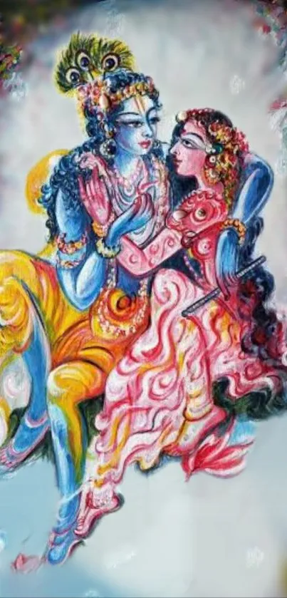 Vibrant artwork of a divine couple in traditional attire, full of vivid colors.