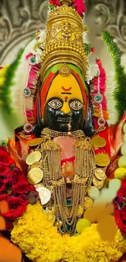 Divine deity adorned with flowers and ornaments in vibrant colors.